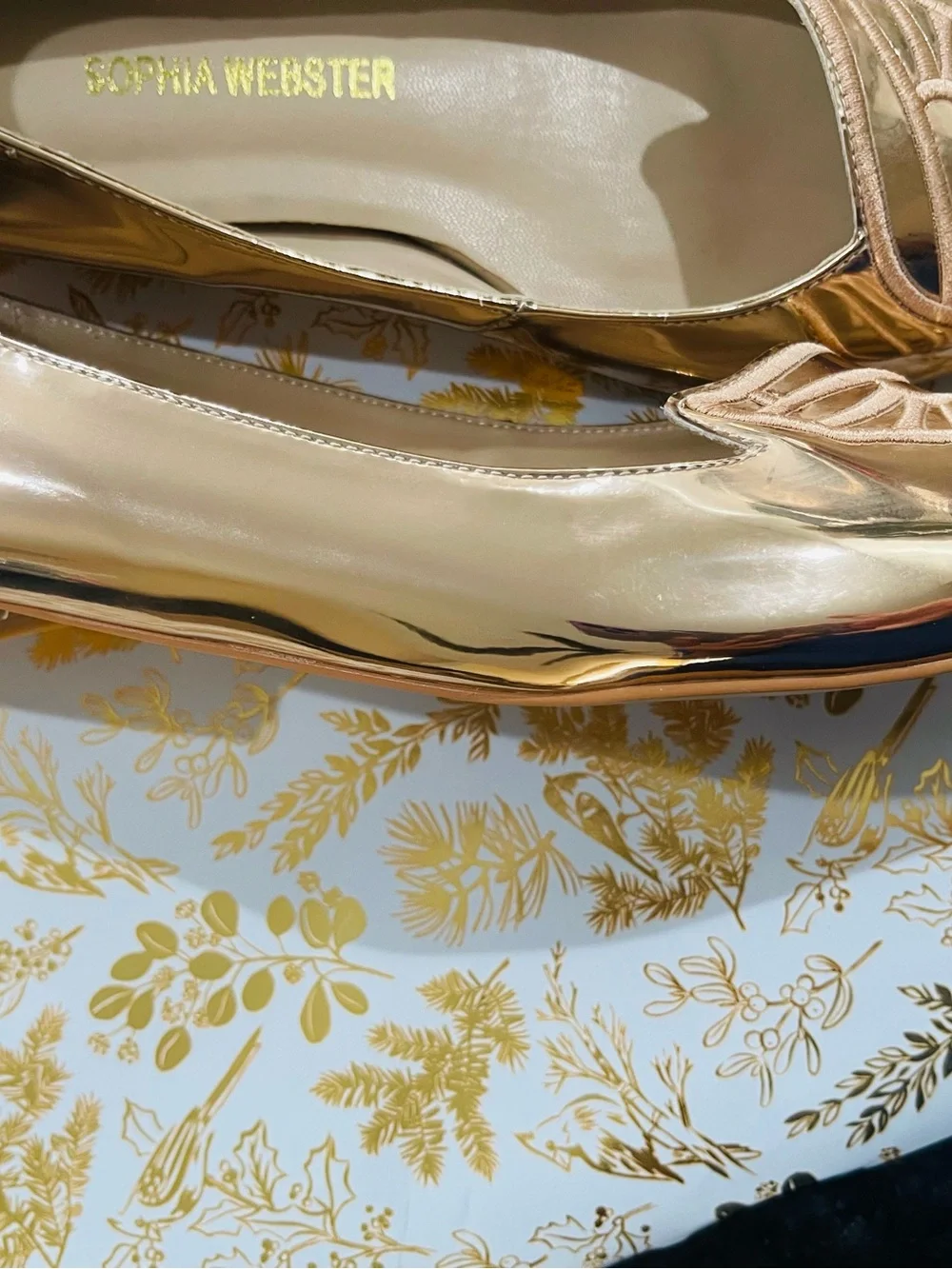 Sophia Webster Gold Metallic Pointed Toe Flats with Embroidered Wing Detail